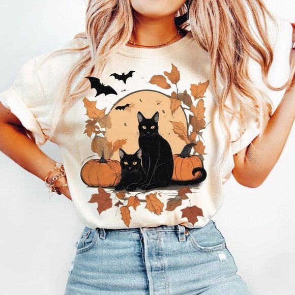 Tops - Cat And Pumpkin Halloween, Autumn Shirt, Pumpkin Halloween Cat